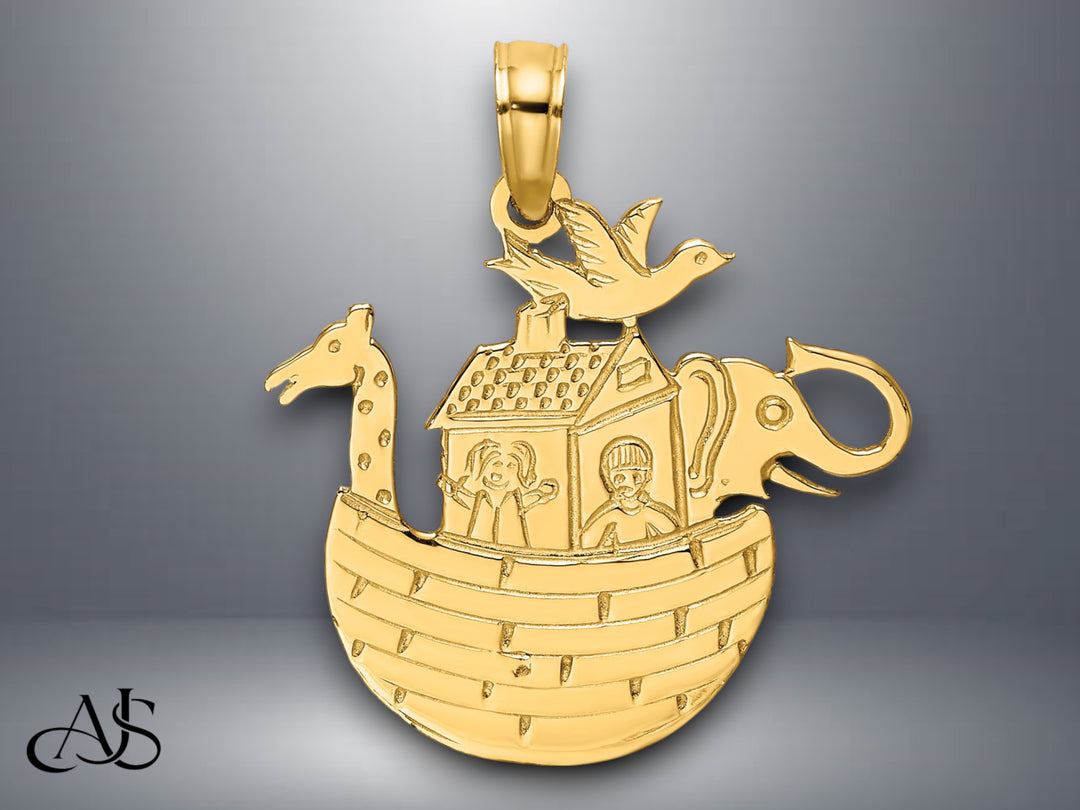 14K Yellow Gold Engraved Flat Noah's Ark Charm with Necklace Chain Options