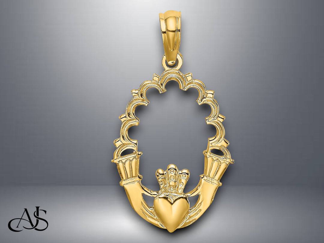 14K Yellow Gold Engraved Claddagh In Oval w/ Lace Trim Charm with Necklace Chain Options