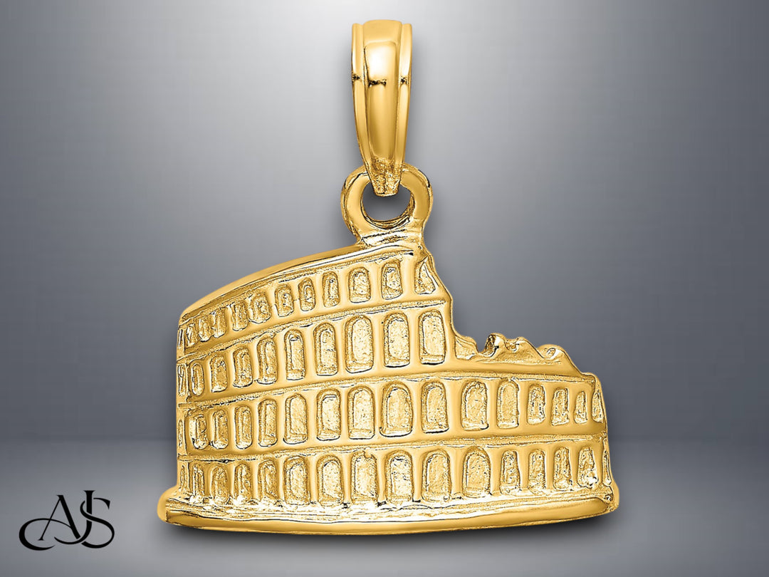 14K Yellow Gold Textured 2-D Coliseum Charm with Necklace Chain Options