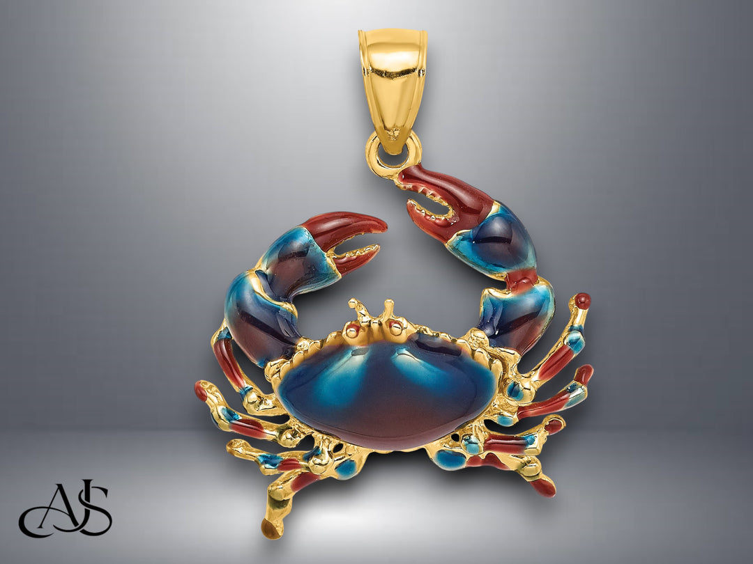 14K Yellow Gold Blue Enamel Stone Crab Charm with Necklace Chain Options
