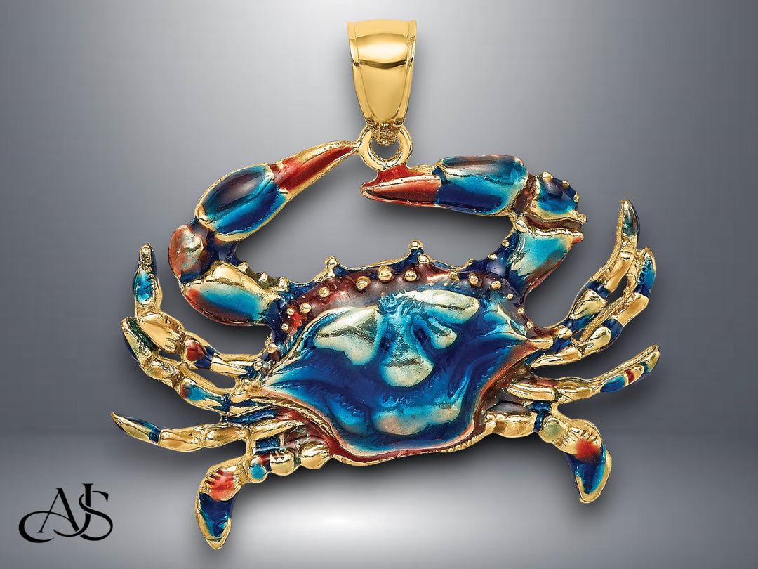 14K Yellow Gold Blue Enamel Stone Crab Charm with Necklace Chain Options