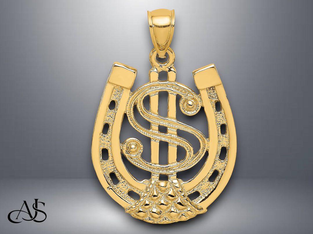 14K Yellow Gold Dollar Sign In Horseshoe Charm with Necklace Chain Options