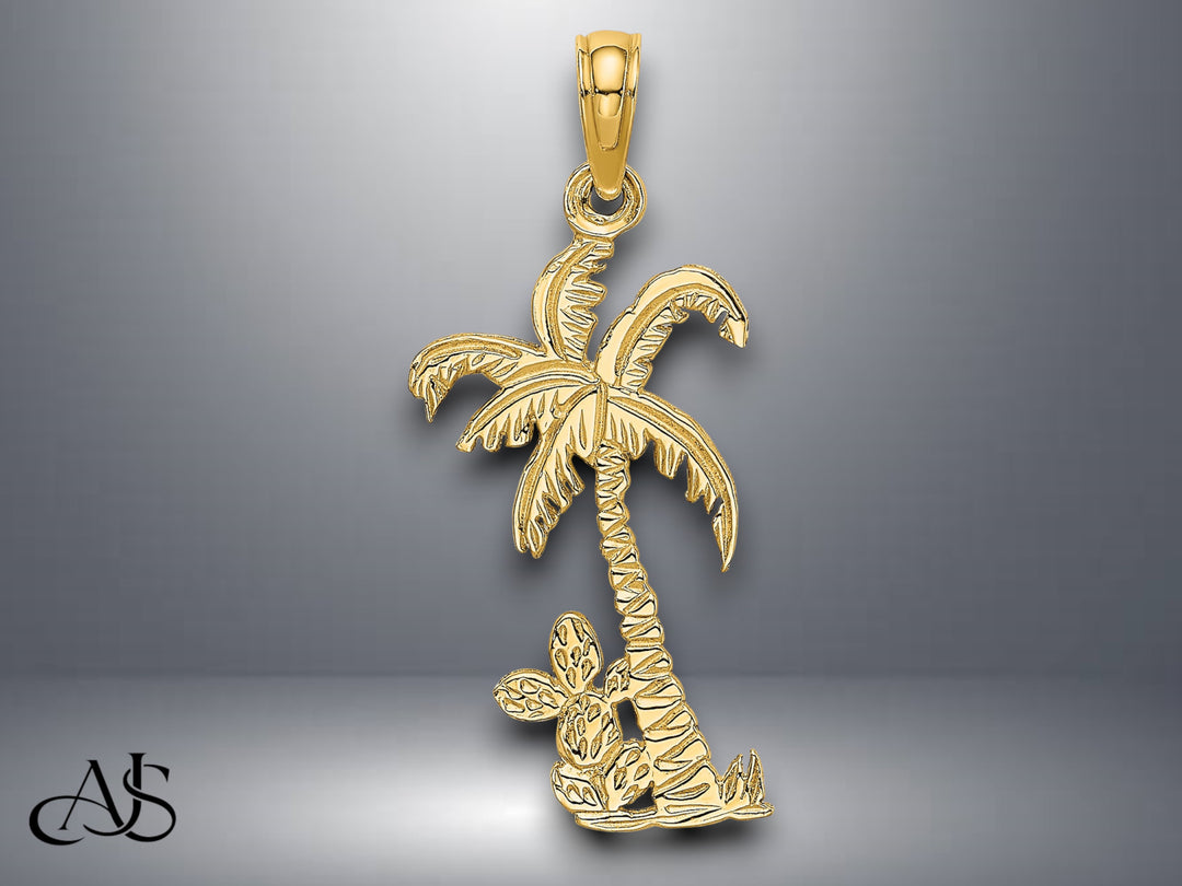 14K Yellow Gold Palm Tree and Cactus Charm with Necklace Chain Options