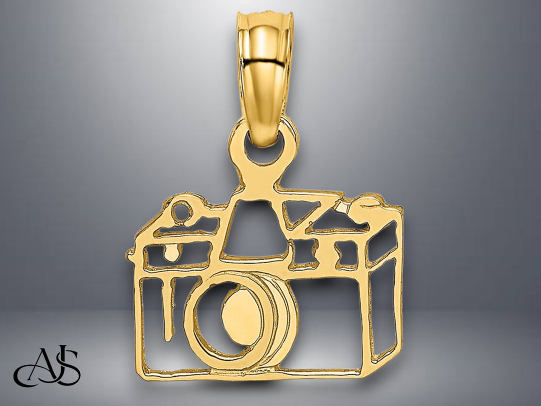 14K Yellow Gold Flat Cut-Out Camera Charm with Necklace Chain Options