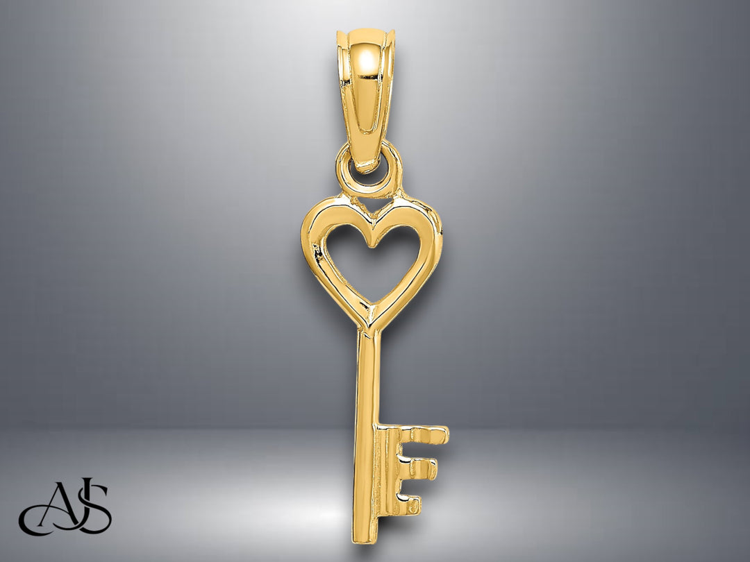 14K Yellow Gold 3D Key and Heart Charm with Necklace Chain Options