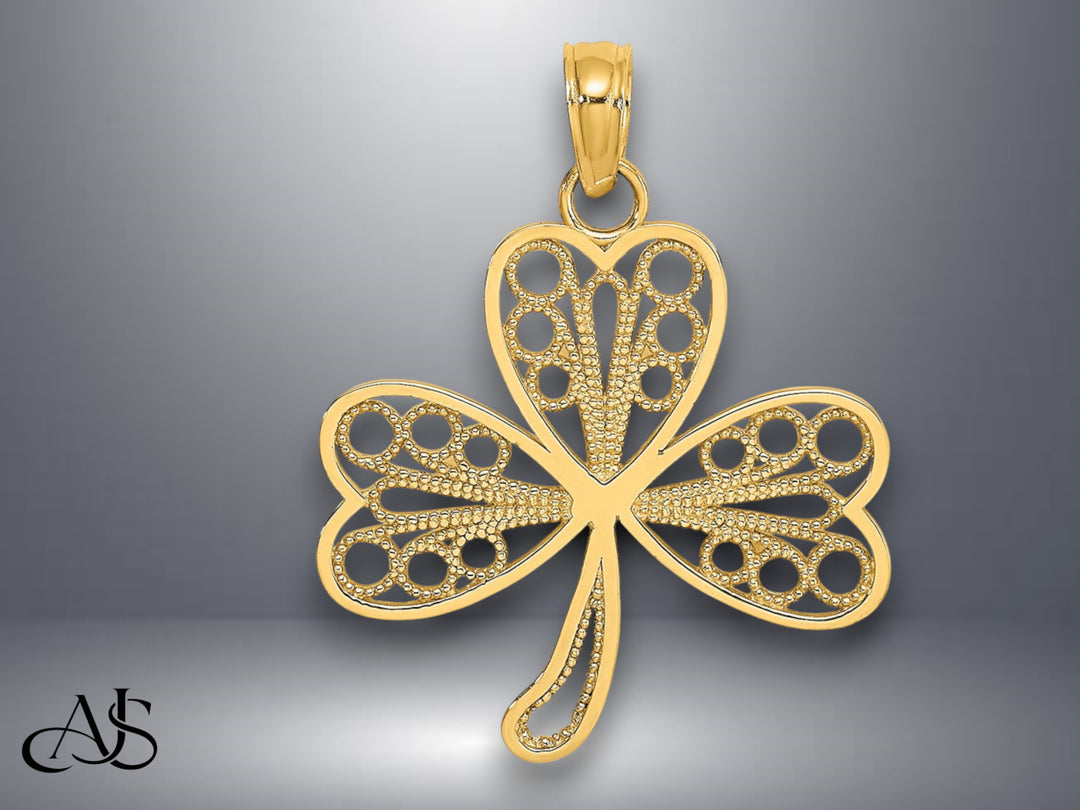 14K Yellow Gold Filigree 3-Leaf Clover Charm with Necklace Chain Options
