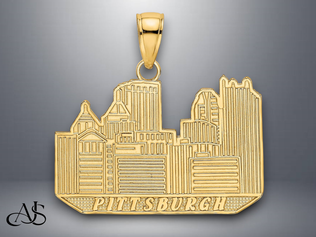 14K Yellow Gold Pittsburgh Skyline Charm with Necklace Chain Options