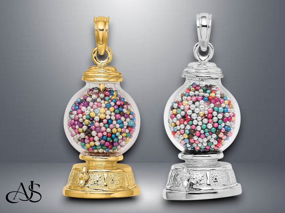 14K Yellow Gold White Gold 3-D Moveable Gumball Machine Glass Pendant with Necklace Chain Options