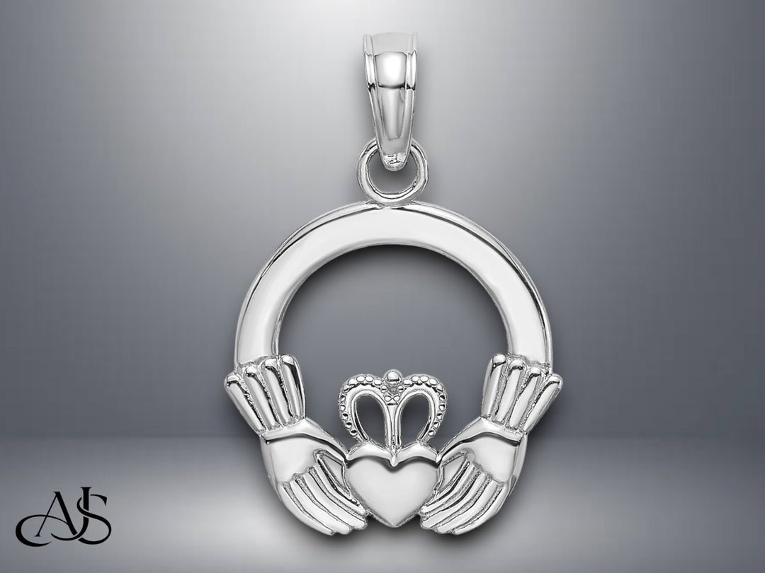 14K Yellow Gold White Gold Polished Round Claddagh Charm with Necklace Chain Options