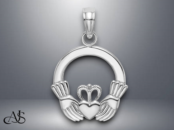 14K Yellow Gold White Gold Polished Round Claddagh Charm with Necklace Chain Options