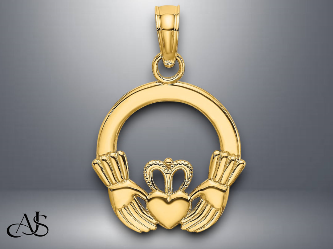 14K Yellow Gold White Gold Polished Round Claddagh Charm with Necklace Chain Options