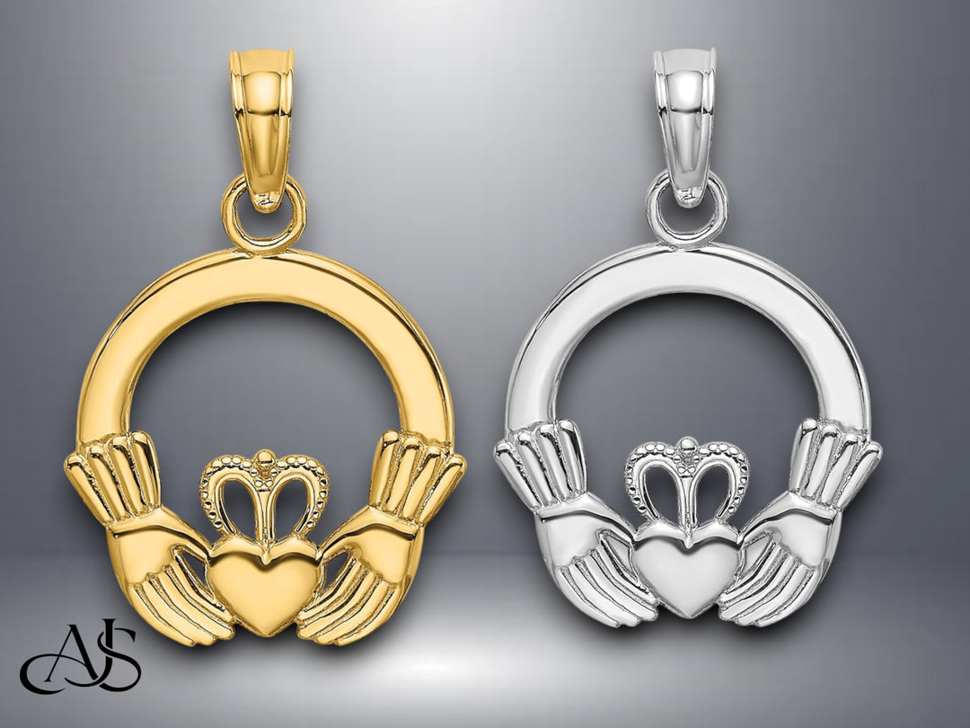 14K Yellow Gold White Gold Polished Round Claddagh Charm with Necklace Chain Options