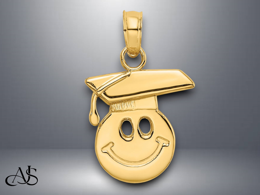 14K Yellow Gold Polished Smiley Face w/ Graduation Cap Charm with Necklace Chain Options