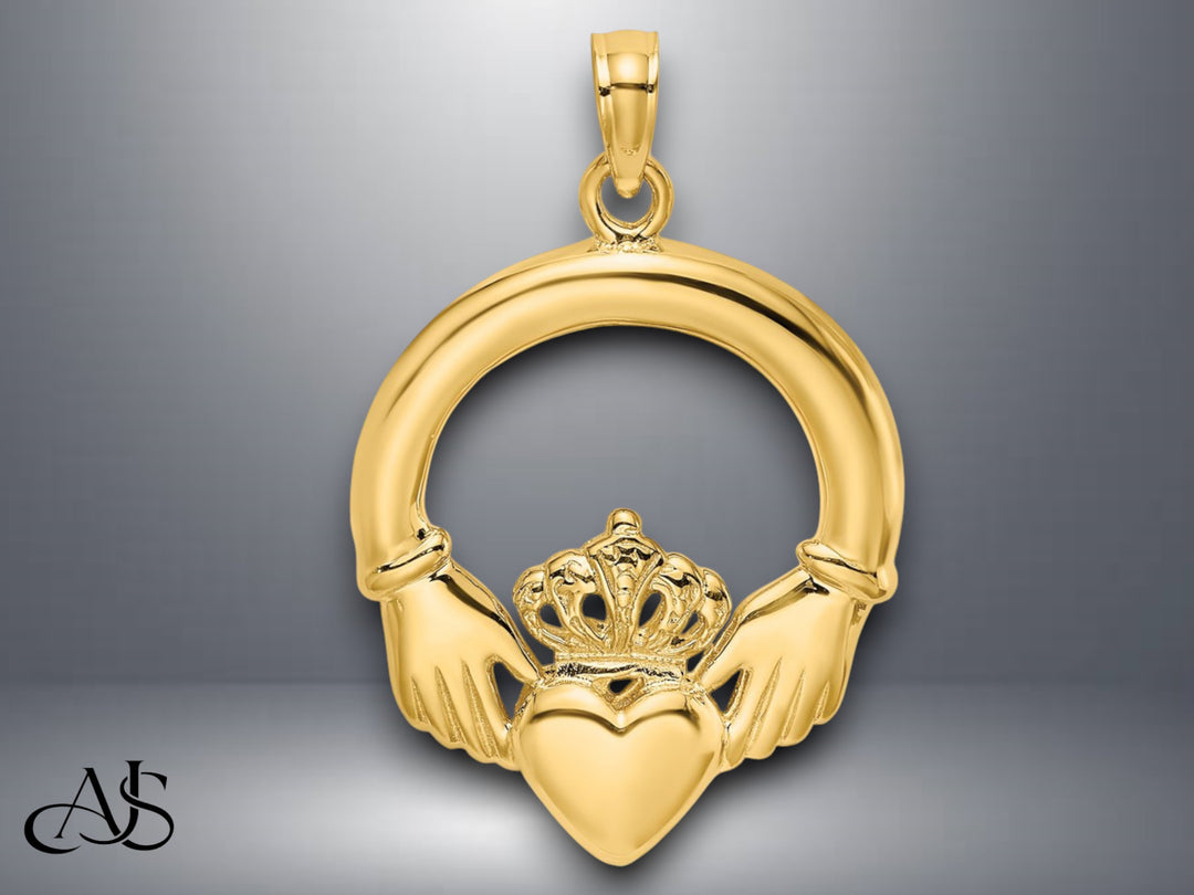 14K Yellow Gold Polished Large Claddagh Heart Charm with Necklace Chain Options