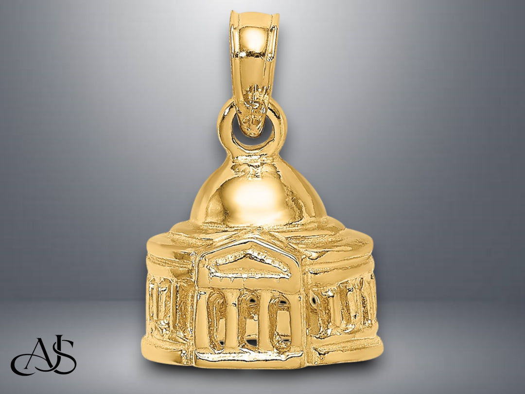 14K Yellow Gold 3D Jefferson Memorial Building Washington Charm with Necklace Chain Options