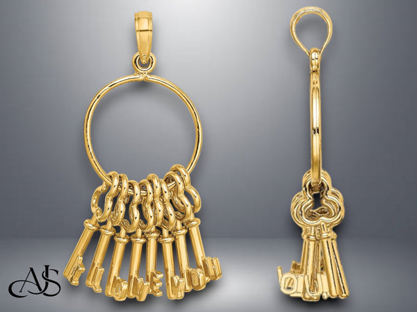 14K Yellow Gold Moveable 3D I LOVE YOU  Key Chain Charm with Necklace Chain Options