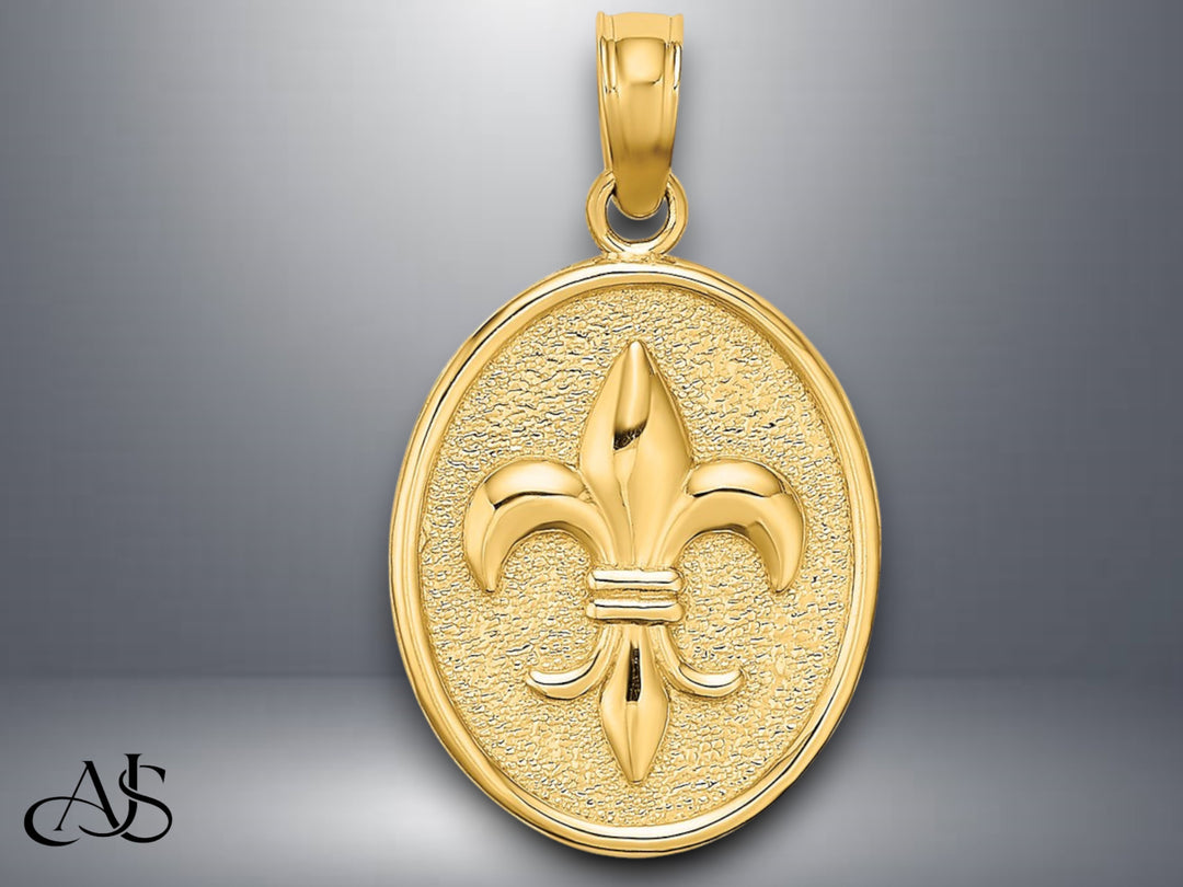 14K Yellow Gold Fleur de Lis on Oval Disc Charm with Necklace Chain Options