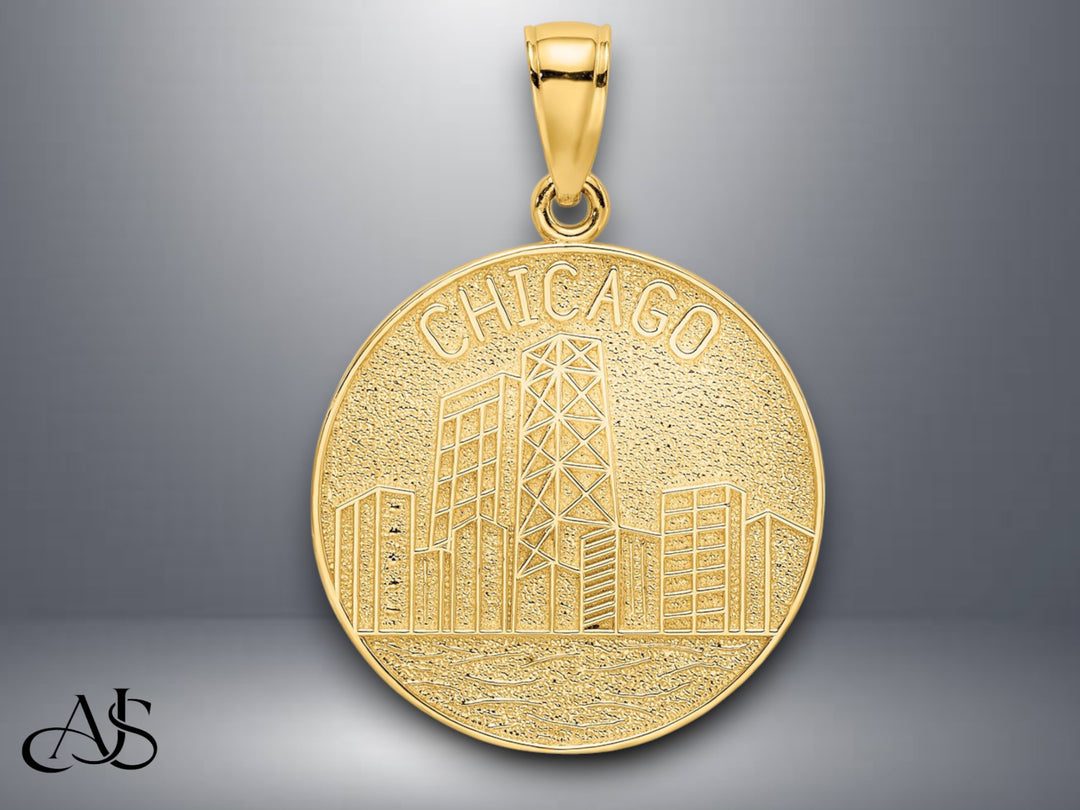 14K Yellow Gold CHICAGO Skyline On Round Disc Charm with Necklace Chain Options