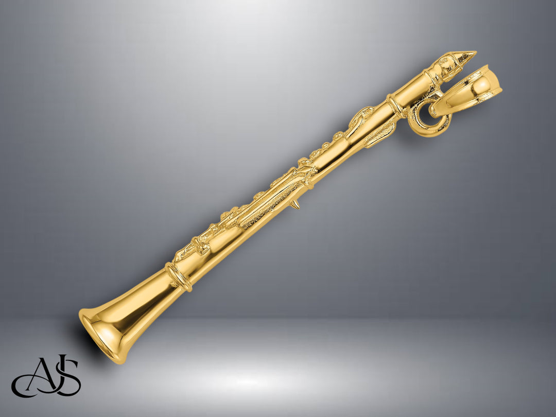 14K Yellow Gold 3-D Clarinet Charm with Necklace Chain Options