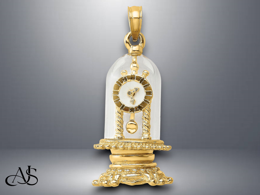 14K Yellow Gold w/ Enamel 3-D Moveable Clock In Glass Dome Charm with Necklace Chain Options