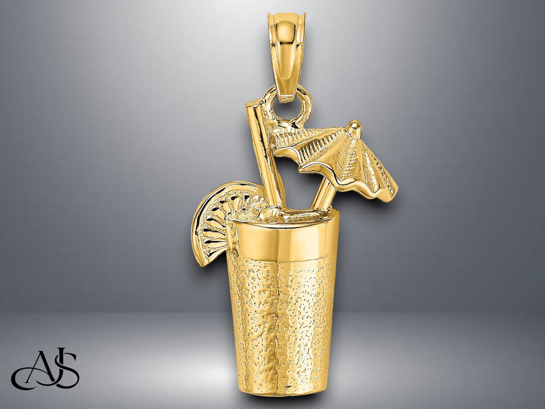 14K Yellow Gold Cocktail Drink w/ Umbrella Charm with Necklace Chain Options