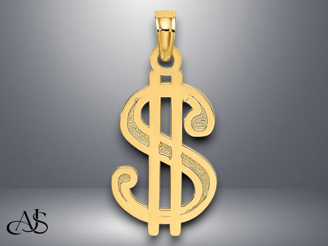 14K Yellow Gold Textured Dollar Sign Charm with Necklace Chain Options