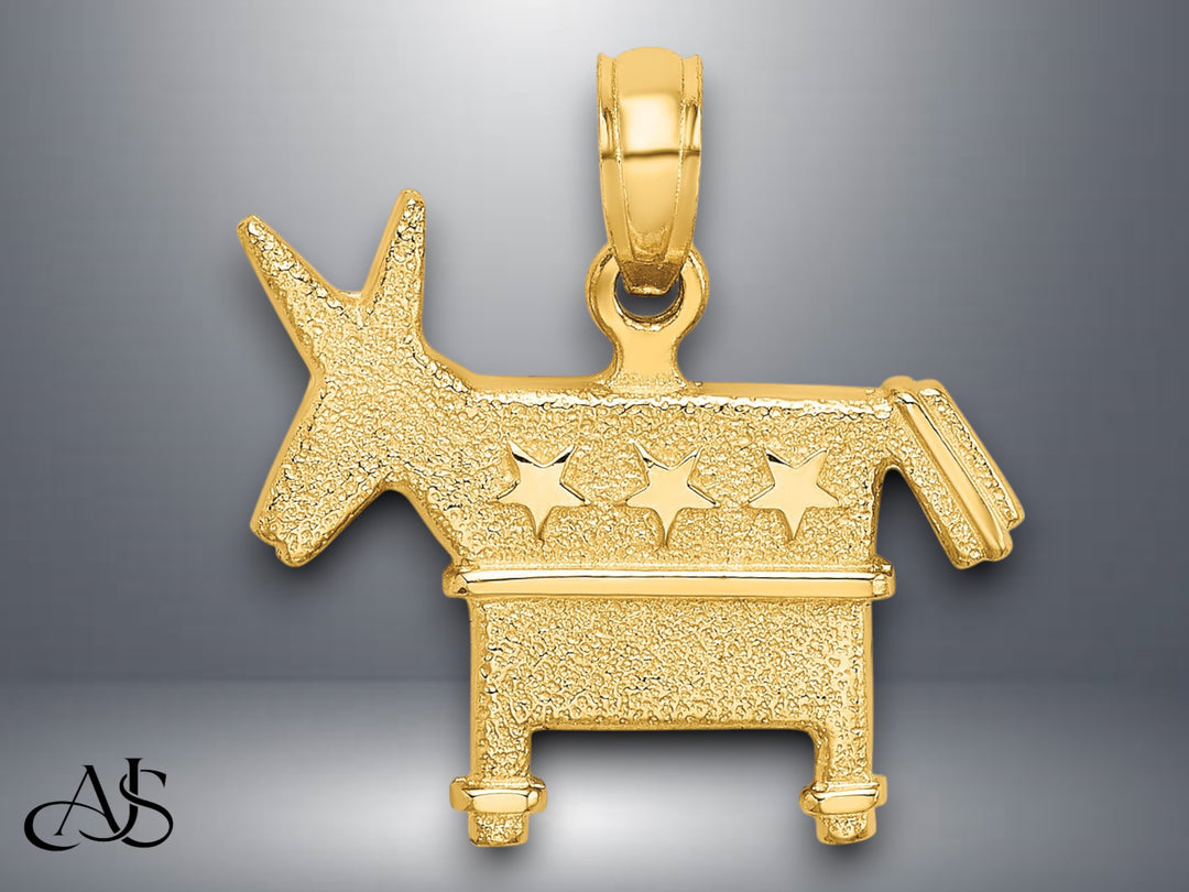 14K Yellow Gold 3-D Textured Democratic Donkey / Republican Elephant Charm with Necklace Chain Options