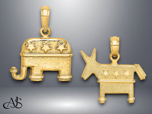 14K Yellow Gold 3-D Textured Democratic Donkey / Republican Elephant Charm with Necklace Chain Options