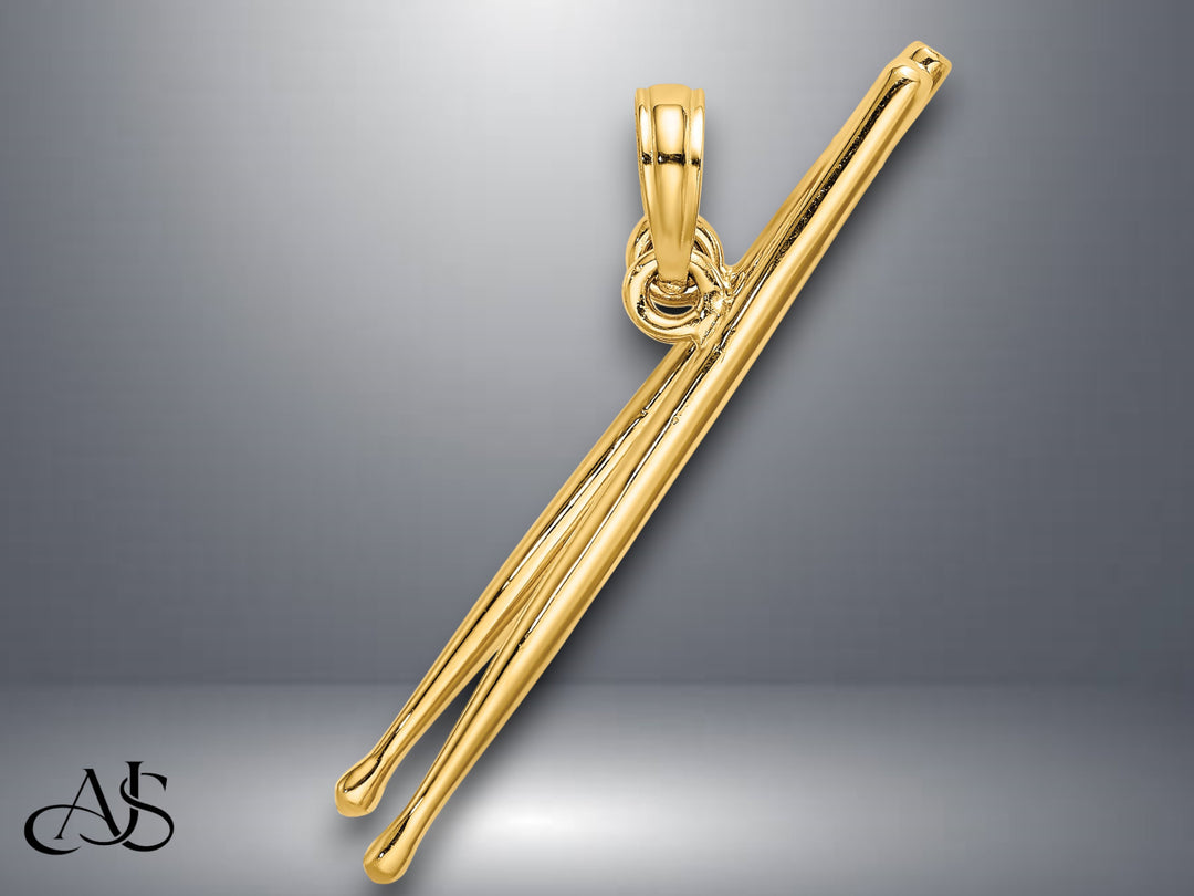 14K Yellow Gold 3-D Moveable Drum Sticks Charm with Necklace Chain Options