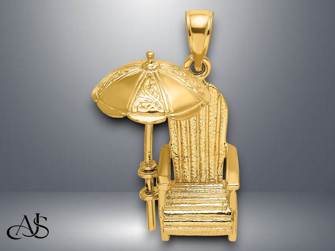 14K Yellow Gold 3-D Beach Chair w/ Umbrella Charm with Necklace Chain Options
