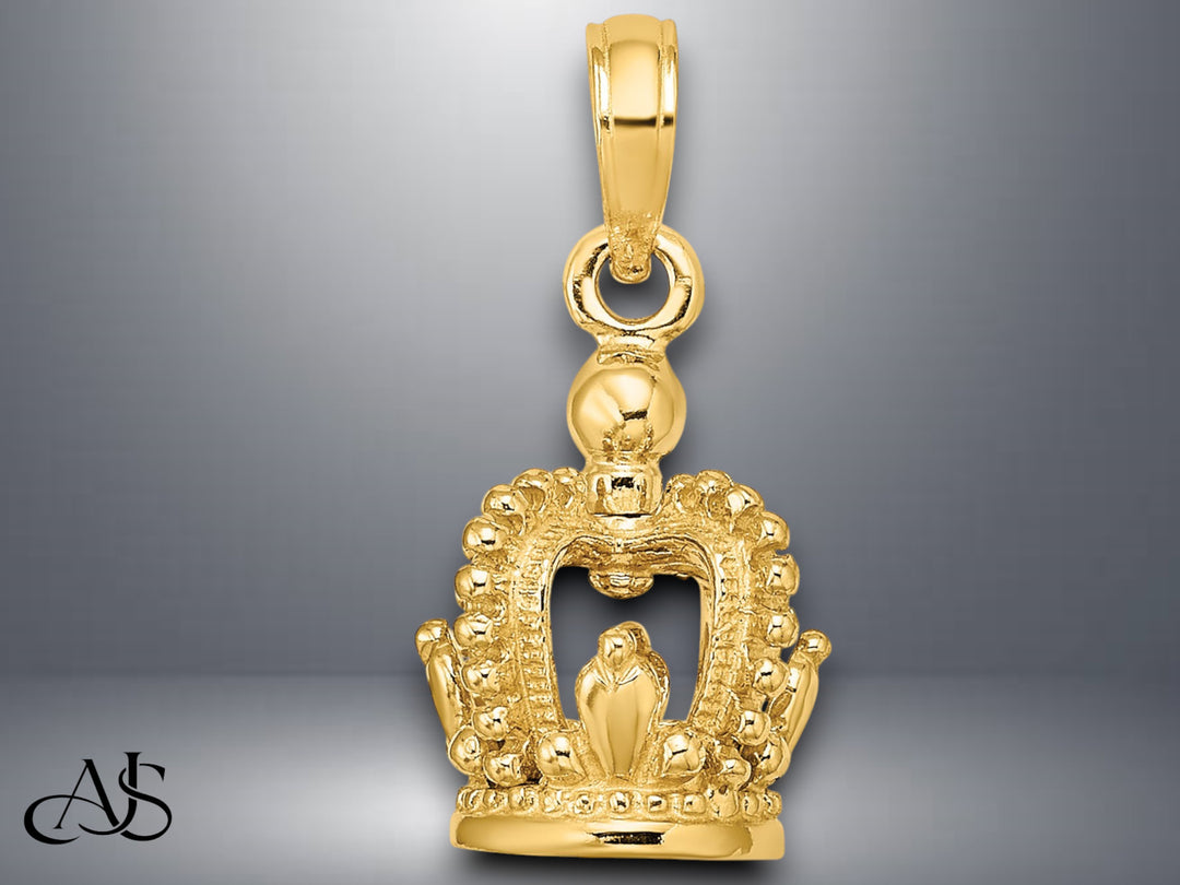 14K Yellow Gold 3-D Polished Crown Charm with Necklace Chain Options