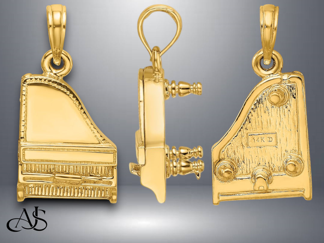 14K Yellow Gold White Gold 3-D Top Opens Grand Piano Charm with Necklace Chain Options