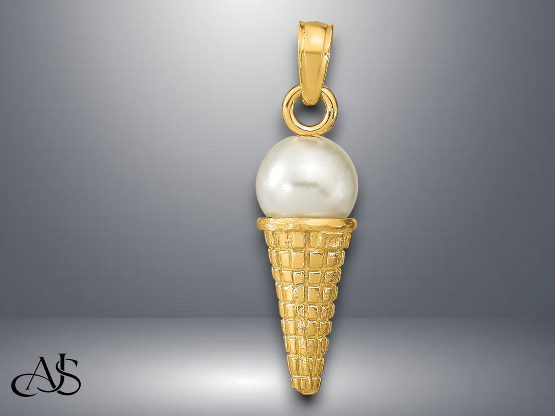 14K Yellow Gold Satin Polished 3D  White Bead / Green Bead / Pink Quartz Ice Cream Cone Pendant with Necklace Chain Options