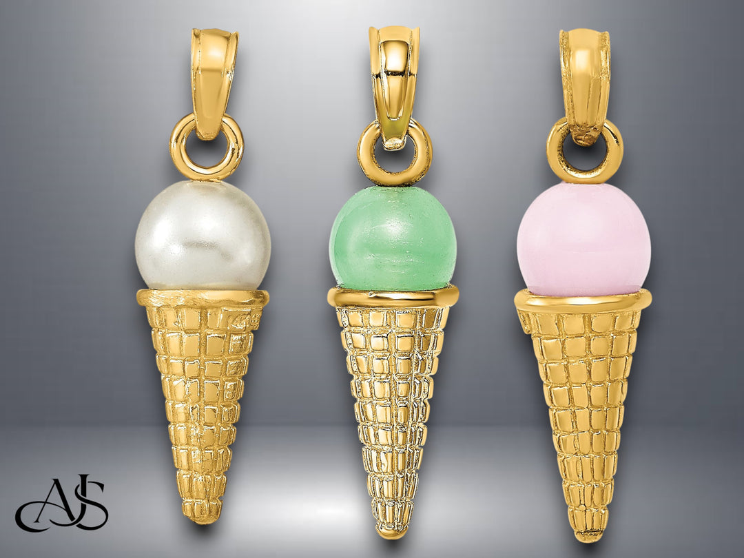 14K Yellow Gold Satin Polished 3D  White Bead / Green Bead / Pink Quartz Ice Cream Cone Pendant with Necklace Chain Options