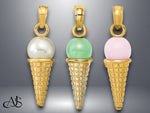 Load image into Gallery viewer, 14K Yellow Gold Satin Polished 3D  White Bead / Green Bead / Pink Quartz Ice Cream Cone Pendant with Necklace Chain Options
