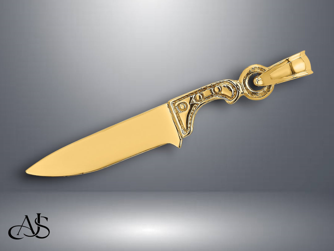 14K Yellow Gold 3-D Polished Butcher Knife Charm with Necklace Chain Options