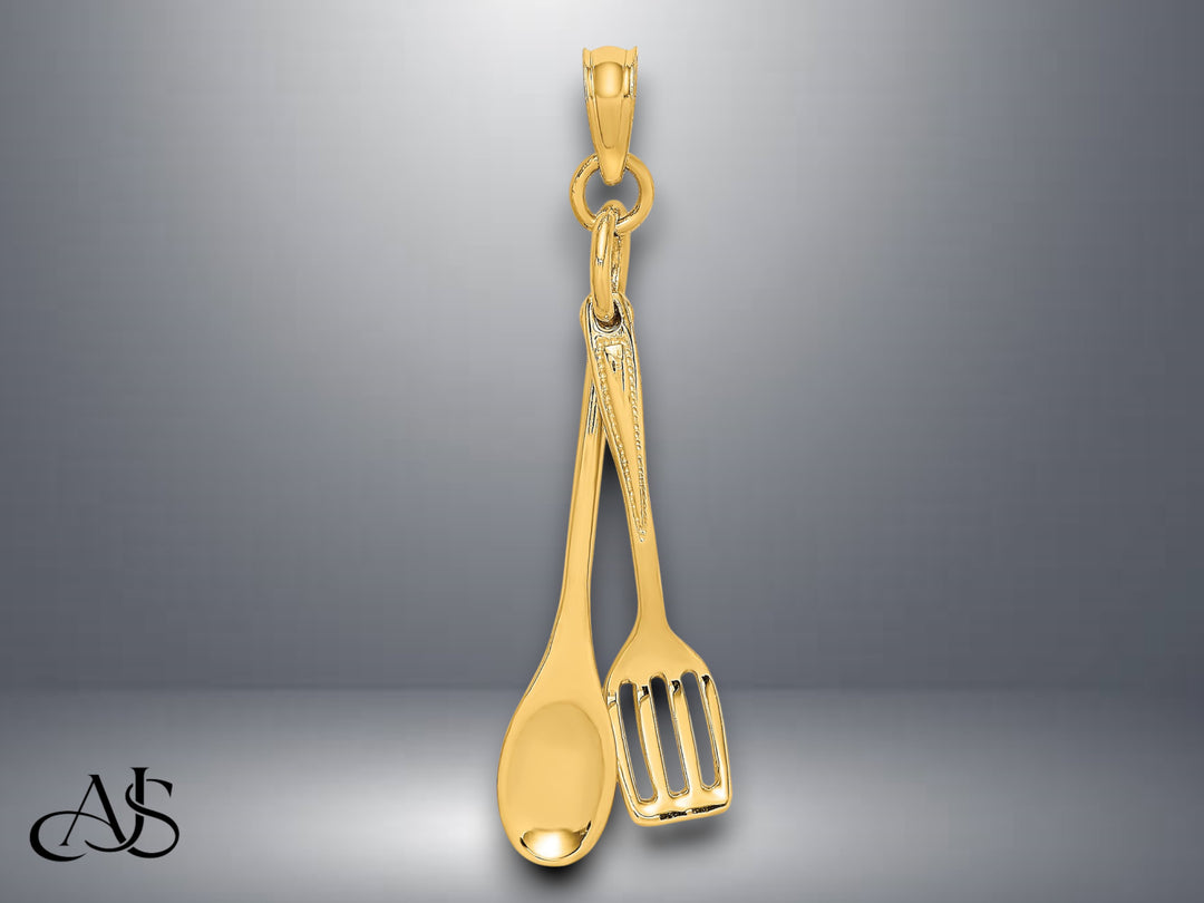 14K Yellow Gold 3-D Moveable Spoon and Spatula Charm with Necklace Chain Options