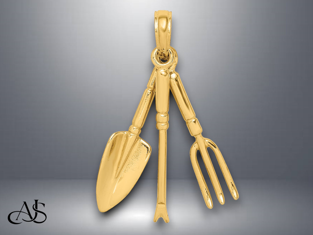 14K Yellow Gold 3-D Moveable Garden Hand Tool Collection Charm with Necklace Chain Options