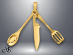 Load image into Gallery viewer, 14K Yellow Gold 3-D Moveable Spatula, Spoon, and Knife Charm with Necklace Chain Options
