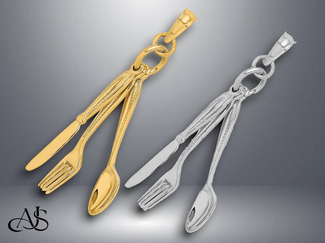 14K Yellow Gold White Gold Moveable Knife, Fork, and Spoon Charm with Necklace Chain Options