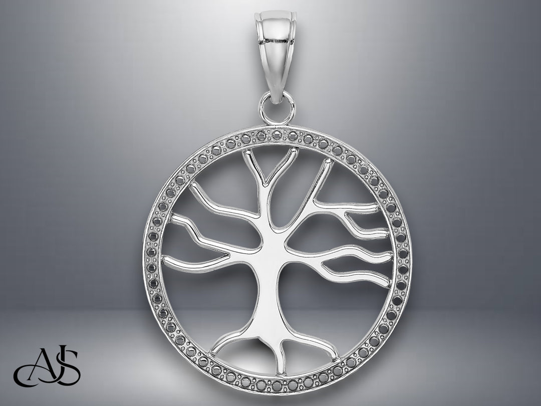 14K Yellow Gold White Gold Large Tree Of Life In Round Frame Charm with Necklace Chain Options