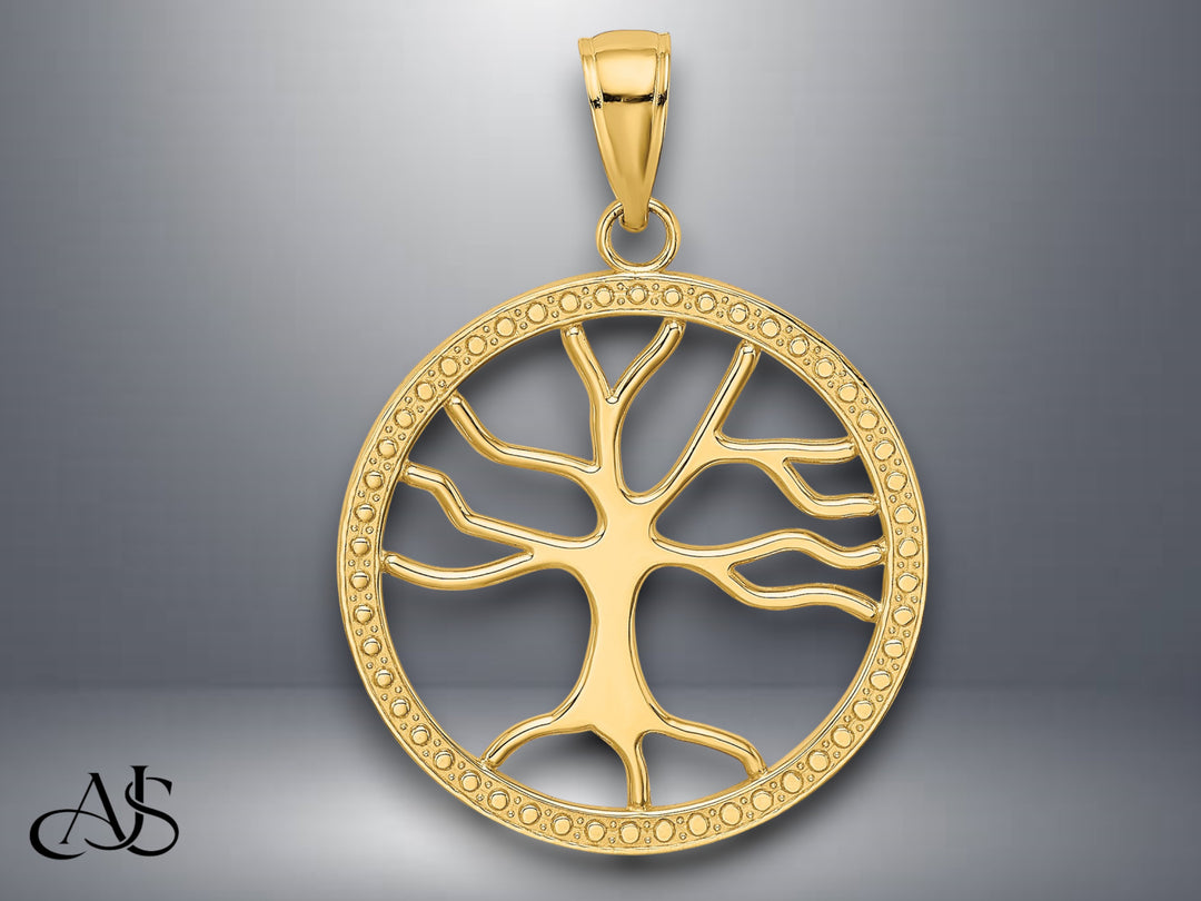 14K Yellow Gold White Gold Large Tree Of Life In Round Frame Charm with Necklace Chain Options