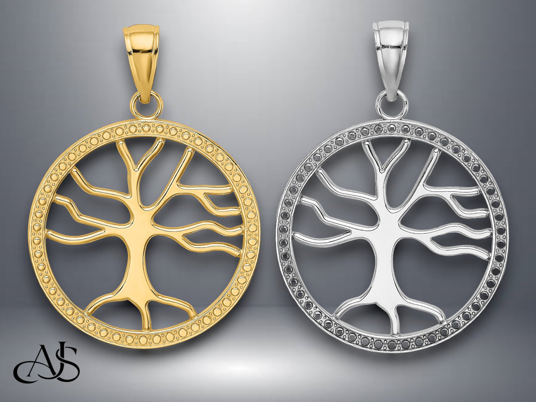 14K Yellow Gold White Gold Large Tree Of Life In Round Frame Charm with Necklace Chain Options