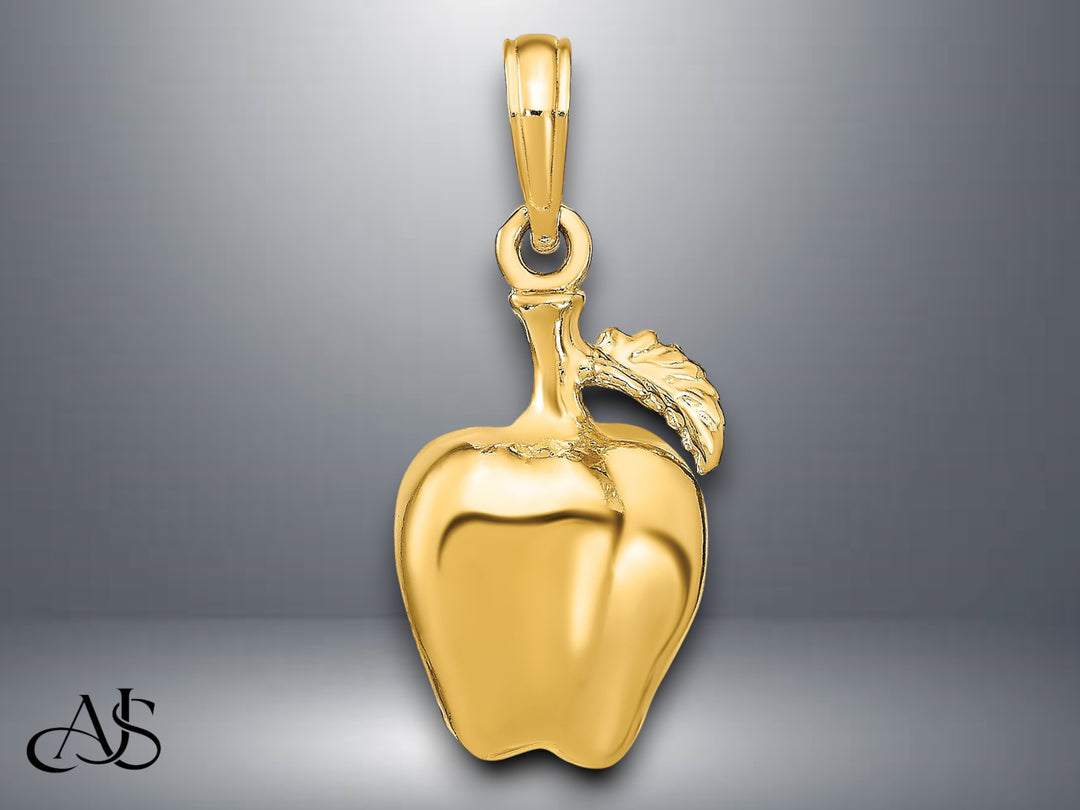 14K Yellow Gold 3-D Apple W/ Stem and Leaf Charm with Necklace Chain Options