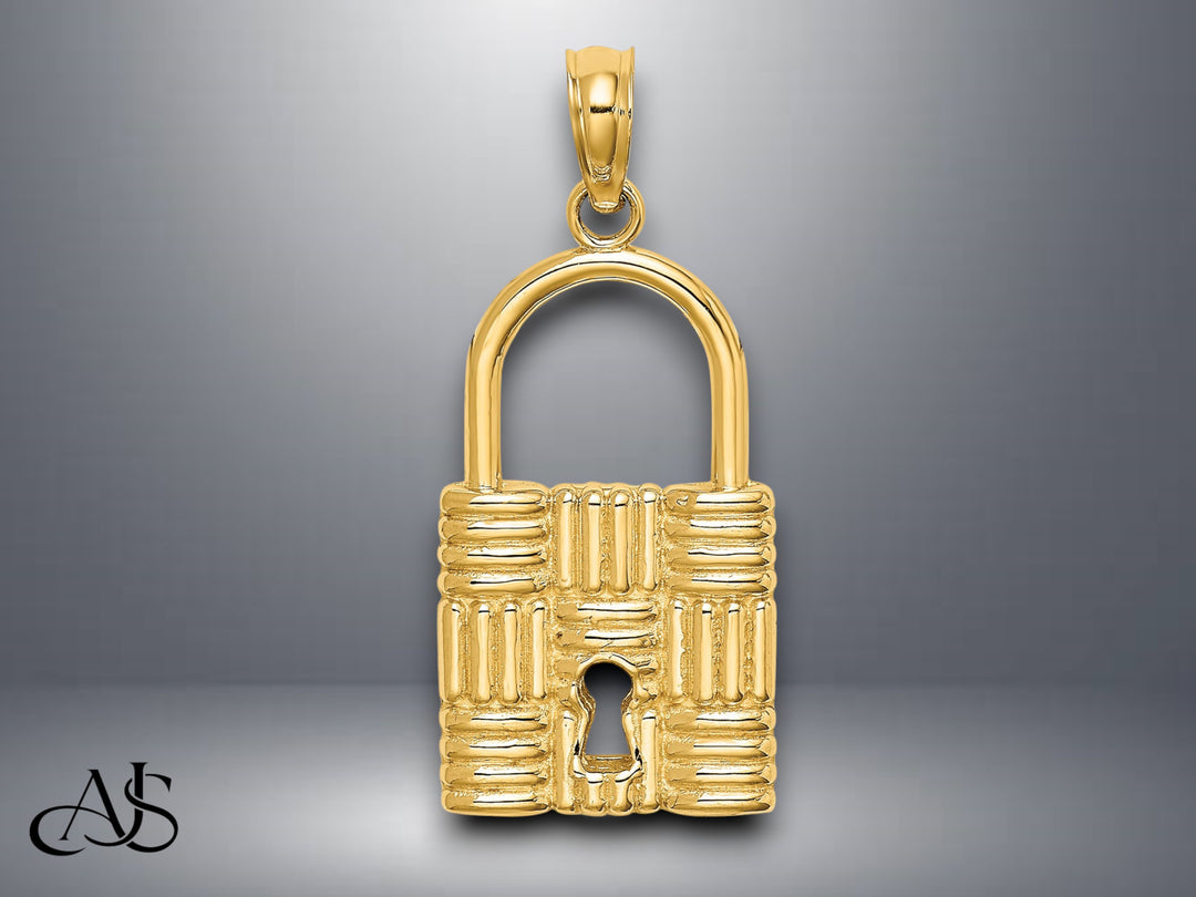 14K Yellow Gold 3-D Padlock w/Key Hole Charm with Necklace Chain Options
