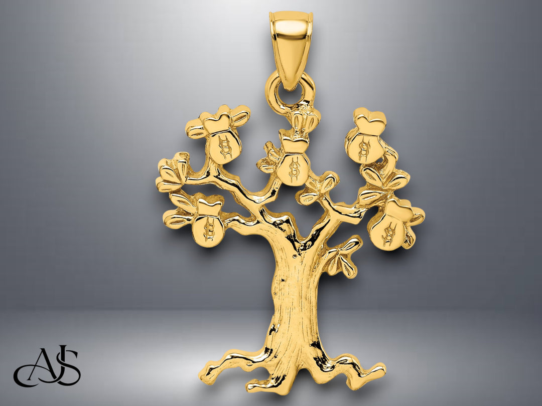 14K Yellow Gold Cut-Out Money Tree Charm with Necklace Chain Options
