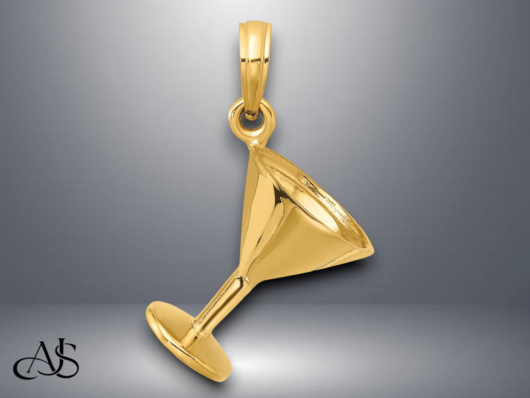 14K Yellow Gold 3-D Polished Martini Glass Charm with Necklace Chain Options