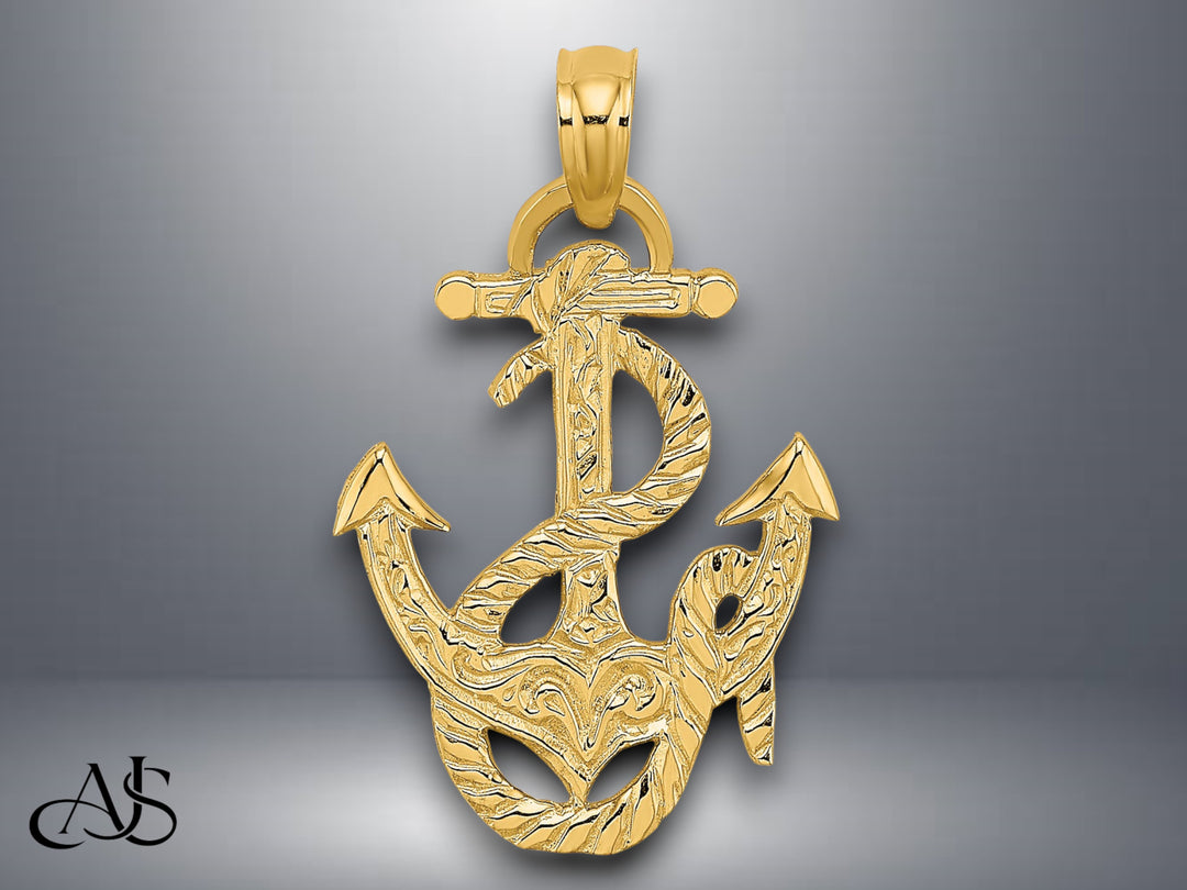 14K Yellow Gold Polished Anchor and Rope Charm with Necklace Chain Options