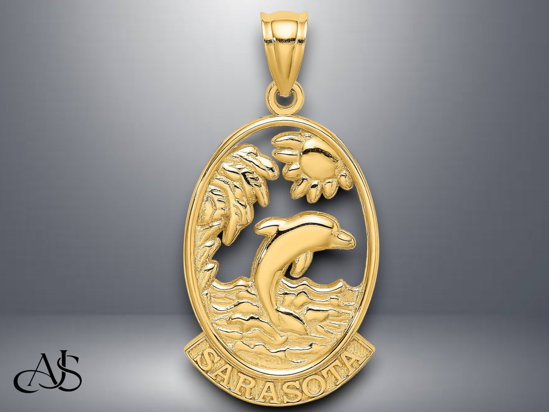 14K Yellow Gold SARASOTA w/ Dolphin Sunset Scene Charm with Necklace Chain Options