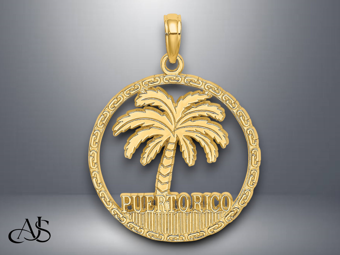 14K Yellow Gold PUERTO RICO Palm Tree Charm with Necklace Chain Options